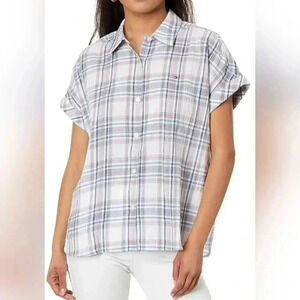 Tommy Hilfiger Drop Shoulder cuffed sleeve plaid button-down top, womens XLG